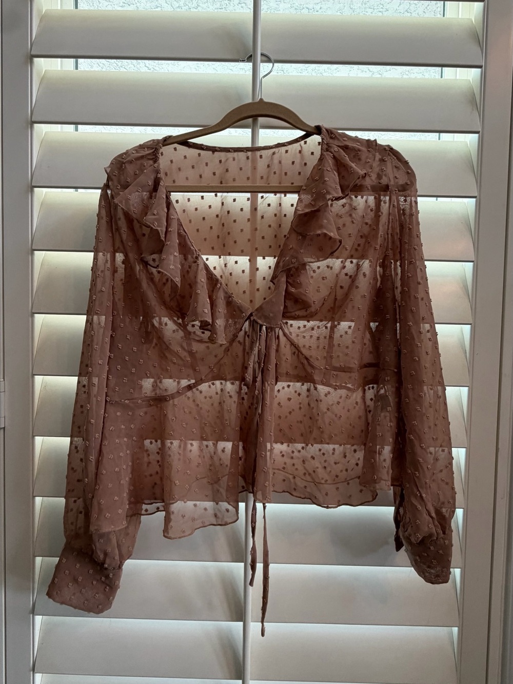 SHEIN Mauve Sheer Ruffle-Tie Blouse